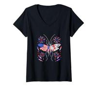 Damen Cricket Floral US Flag 4th of July Insect Lover Patriotic T-Shirt mit V-Ausschnitt