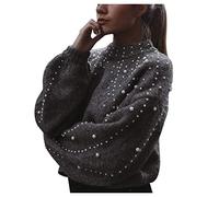 Damen Crop Pullover Strickpullover mit Perle Pulli Elegant Rundhals Sweater Langarm Cropped Winterpullover Warm Gestrickte Oberteile Tops Strickpulli Jumpers Winter Outfit Kleidung Frauen