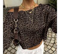 Damen Crop Sweatshirt, Off-Shoulder, Vintage Leoparden-Muster, Loose Fit Rundhals Langarm Dicker Sweatshirt für Fitness, Tanz, Chic Flughafen und Stra