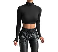 Damen Crop T-Shirt Rollkragen Oberteil Bauchfrei Langarmshirt Pullover Cropped Tops Langarm Shirt Dünnes Einfarbige kurz geschnittene Nabel Hemdbluse mit hohem Halsausschnitt Mädchen (01-Black, M)