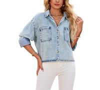 Damen Cropped Denim Hemd Langarm Button Down Jeans Bluse mit Taschen Comfort Fit Casual Vintage Top