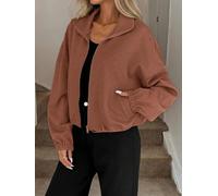 Damen Cropped-Jacke Stehkragen Langarm Sweatshirt Reißverschluss Mantel | Leichte, weich strukturierte, übergroße Jacken mit Taschen, langärmelige Oberbekleidung, Outdoor-Reise-Outfits