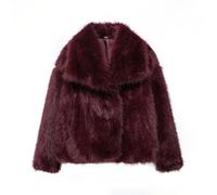Damen Cropped Kunstpelz Jacke Langarm Knopf Warme Wintermäntel Shaggy Furry Oberbekleidung mit Taschen, burgunderfarben, S