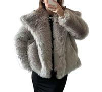 Damen Cropped Kunstpelz Jacke Langarm Knopf Warme Wintermäntel Shaggy Furry Oberbekleidung mit Taschen, grau, L