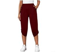 Damen Cropped Leggings Mid Waist Polyester Stretchy | Weicher Polyester, dehnbarer Stoff, mittlere Taille, knöchellang, schwarz blau grau khaki(Wine Red XL)