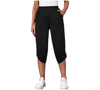 Damen Cropped Leggings Mid Waist Polyester Stretchy | Weicher Polyester, dehnbarer Stoff, mittlere Taille, knöchellang, schwarz blau grau khaki(Black S)
