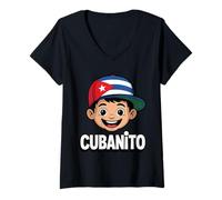 Damen Cubanito Fun Kids Kuba Flag Cap Hispanic Heritage T-Shirt mit V-Ausschnitt
