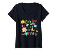 Damen Curious George Springtime Lets Be Nice to The World T-Shirt mit V-Ausschnitt