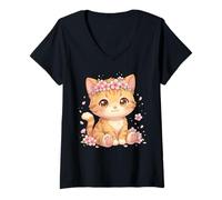 Damen Cute Anime Cat with Cherry Blossoms Flower Kids Girls Boys T-Shirt mit V-Ausschnitt