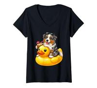 Damen Cute Australian Shepherd Dog Rubber Duck T-Shirt mit V-Ausschnitt