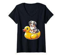 Damen Cute Australian Shepherd Dog Rubber Duck T-Shirt mit V-Ausschnitt