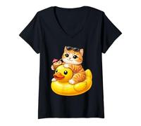 Damen Cute Cat Rubber Duck T-Shirt mit V-Ausschnitt