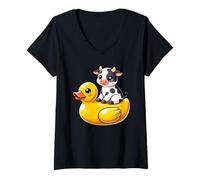 Damen Cute Cow Rubber Duck T-Shirt mit V-Ausschnitt