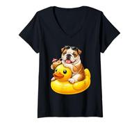 Damen Cute English Bulldog Dog Rubber Duck T-Shirt mit V-Ausschnitt
