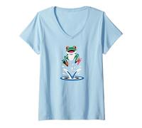 Damen Cute Happy Green Frog Toad Amphibian Frosch Rana T-Shirt mit V-Ausschnitt