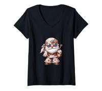 Damen Cute Hippie GNOME Dad In Flower Power Outfit with Guitar T-Shirt mit V-Ausschnitt