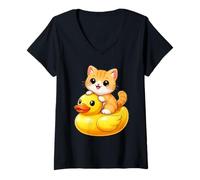 Damen Cute Orange Cat Rubber Duck T-Shirt mit V-Ausschnitt