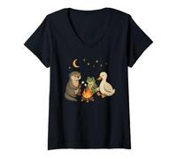 Damen Cute Otter Frog Duck Campfire Camping T-Shirt mit V-Ausschnitt