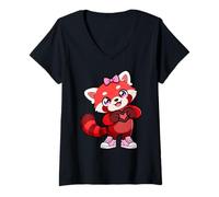 Damen Cute Red Fox Coquette Bow Retro Red Fox Kids Girls T-Shirt mit V-Ausschnitt