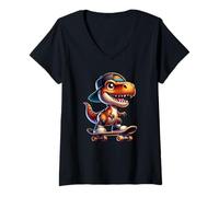 Damen Cute T-Rex Skateboard Baby Dinosaur Cartoon for Kids T-Shirt mit V-Ausschnitt