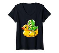 Damen Cute Triceratops Dinosaur Rubber Duck T-Shirt mit V-Ausschnitt