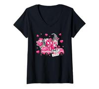 Damen Cute Valentines Truck for Women Men with Pink Love Gnomes T-Shirt mit V-Ausschnitt