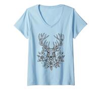 Damen Damen Tracht Hirsch für Dirndl und Lederhose schwarz weiß T-Shirt mit V-Ausschnitt