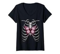 Damen Dark Gothic Skelett Motte Surreal Tod Insekt Kunst Emo Girl T-Shirt mit V-Ausschnitt