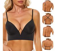 Damen Deep U BH Push Up, Rückenfreier BHS Unterwäsche Abnehmbar Wandelbarer Durchsichtigem Träger, Multiway Bra tiefer U-förmiger rückenfreier BH (01-Black, 36)