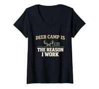 Damen Deer Camp Happy Place Jagdlager Humor Hirsch Saison Pride T-Shirt mit V-Ausschnitt