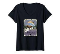 Damen Denali National Park Alaska Vintage Reiseposter Stil T-Shirt mit V-Ausschnitt