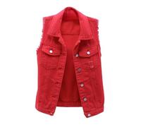 Damen Denim Weste Vest,Rote Kurze Damen-Jeansweste Für Den Sommer, Schlanke, Ausgefranste, Zerrissene Jeansweste, Geknöpfte Jacke Mit Taschen, Gewaschene Jeansjacke, Weste, Ärmellose Strickjac