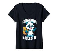 Damen Der Kindergarten hat es auf den Punkt gebracht, lustig, Happy Panda Boy, Abschlussfeier T-Shirt mit V-Ausschnitt