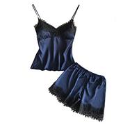 Damen Dessous Pyjama Set Spitze-BH mit Brustpolster Sexy Satin Bow Top Shorts Prinzessin Schlafanzug Lingerie Spitze Crop Tops Bra BH Sleepwear Pyjama-Set Shorty Kurz Hose Nachtwäsche Nachthemd