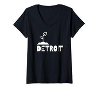 Damen Detroit Gardening Sprout Minimalistische Pflanzengrafik T-Shirt mit V-Ausschnitt