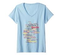 Damen Deutschland Karte Umriss Städte Berlin Hamburg Köln Flagge T-Shirt mit V-Ausschnitt