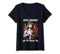 Damen Devil Crusher Sin Slayer Jesus Spirituelle Kriegsführung Christ T-Shirt mit V-Ausschnitt