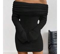 Damen dickes Strickkleid mit offenen Schultern, flauschiges langärmeliges enges Minikleid, sexy kurzes elegantes Kleid