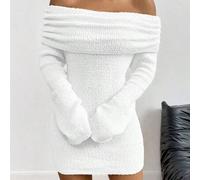 Damen Dickes Strickkleid, Off-Shoulder, Flauschiges Langarm Bodycon Minikleid, Sexy Kurzes Kleid, Elegantes Damenkleid, Weißes Lässig Kleid