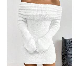 Damen Dickes Strickkleid, Off-Shoulder, Flauschiges Langarm Bodycon Minikleid, Sexy Kurzes Kleid, Elegantes Damenkleid, Weißes Lässig Kleid