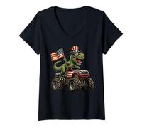 Damen Dinosaur T Rex 4th of July Monster Truck Patriotic Kids Boys T-Shirt mit V-Ausschnitt