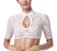 Damen Dirndl Bluse Spitze Crop Top Kurzarm T-Shirt Elegante Weiße Dirndl Bluse Mit Stehkragen Damen Dirndlbluse Kurzarm Halbarm Bluse Für Oktoberfest