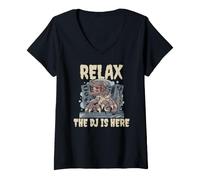 Damen Disc Jockey T-Rex Dino Relax The DJ is Here T-Shirt mit V-Ausschnitt