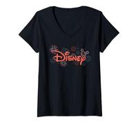 Damen Disney 4th of July Fireworks USA Hidden Mickey Script Logo T-Shirt mit V-Ausschnitt