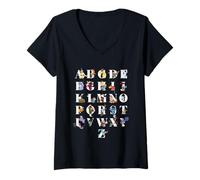 Damen Disney Animated Characters Alphabet ABC to Z Back to School T-Shirt mit V-Ausschnitt