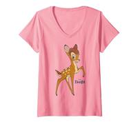Damen Disney Bambi Simple Portrait Logo T-Shirt mit V-Ausschnitt, Rosa, M