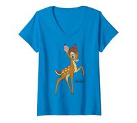 Damen Disney Bambi Simple Portrait Logo T-Shirt mit V-Ausschnitt, Saphir, L