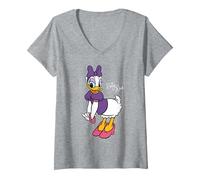 Damen Disney Daisy Duck Retro Character Sassy Pose Trip Matching T-Shirt mit V-Ausschnitt, Grau Meliert, XXL