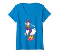 Damen Disney Daisy Duck Retro Character Sassy Pose Trip Matching T-Shirt mit V-Ausschnitt, Saphir, L
