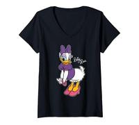 Damen Disney Daisy Duck Retro Character Sassy Pose Trip Matching T-Shirt mit V-Ausschnitt, Schwarz, M
